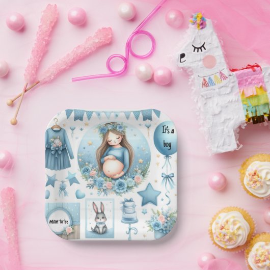 Moeder wordt jongen Baby shower blauw papier Bord (Feest)