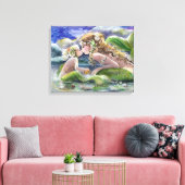 Moeder Zeemeermin en kind in Groen Canvas Afdruk (Insitu (Woonkamer))