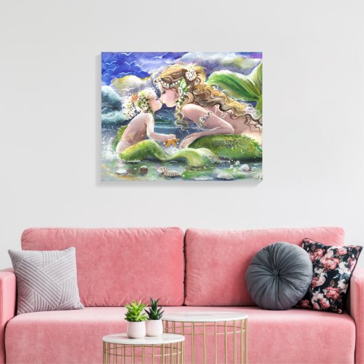 Moeder Zeemeermin en kind in Groen Canvas Afdruk (Insitu (Woonkamer))