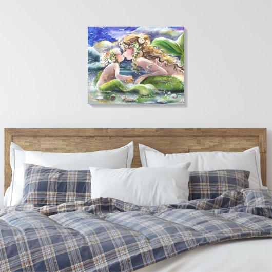 Moeder Zeemeermin en kind in Groen Canvas Afdruk (Insitu (Slaapkamer))