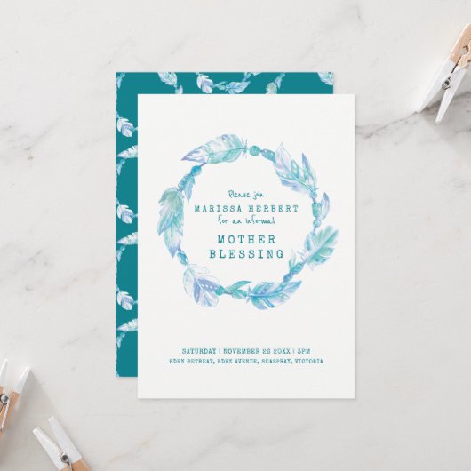 Moeder zegent veer en kralen blauwgroen aqua-kunst kaart (Voorkant / Achterkant in situ)