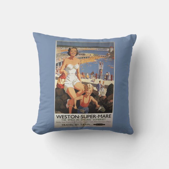 Moeder & zoon op strand Reisposter Kussen (Voorkant)