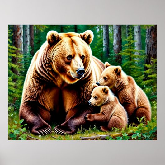 Moederbeer met welpen in een bosomgeving poster (Voorkant)