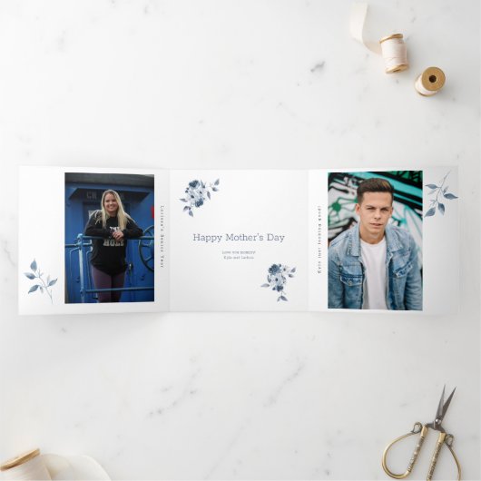 Moederdag 4 Foto Trifold Kaart Blauw Bloemen (Binnen)