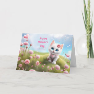 Moederdag Algemeen met knuffelwit katje  Kaart