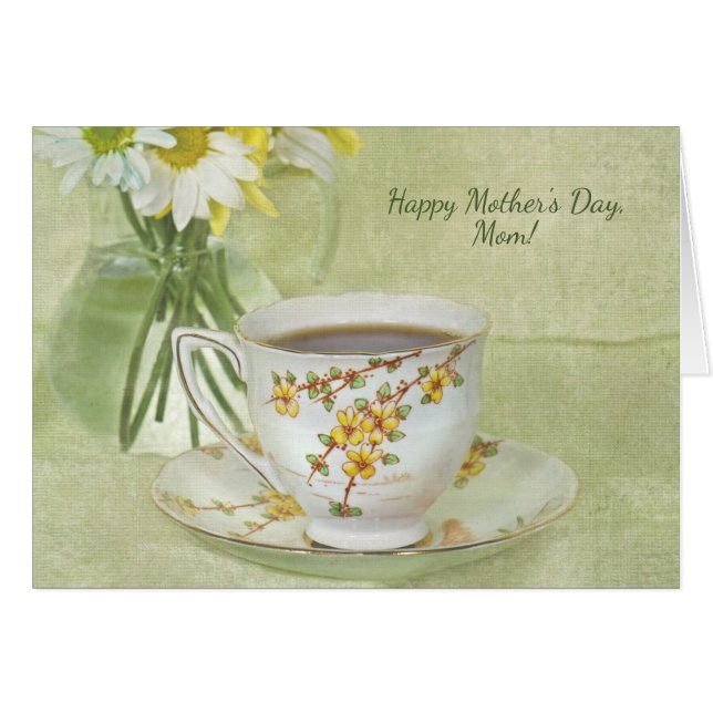 Moederdag-antiek teacup met daisy bouquet (Voorkant Horizontaal)
