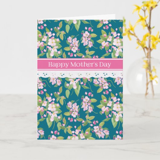 Moederdag Apple Blossom, Lace Trim Dark Blue Kaart (Gele Bloem)