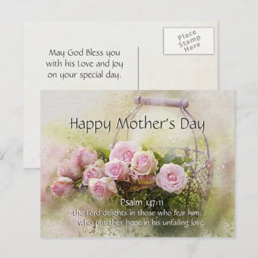 Moederdag, bijbelsalm 147:11 Roze rozen Briefkaart (Voorkant / Achterkant)