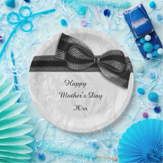 moederdag Black Damask en Faux Bow Papieren Bordje (Feest)