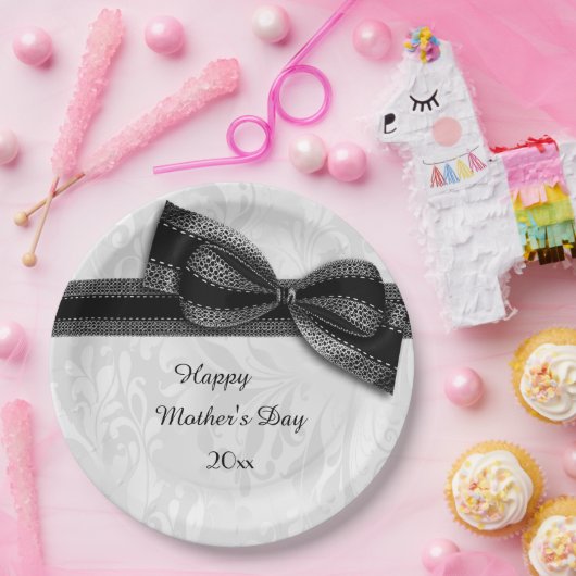 moederdag Black Damask en Faux Bow Papieren Bordje (Feest)