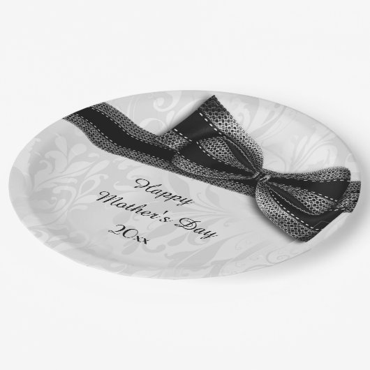 moederdag Black Damask en Faux Bow Papieren Bordje (Gekanteld)