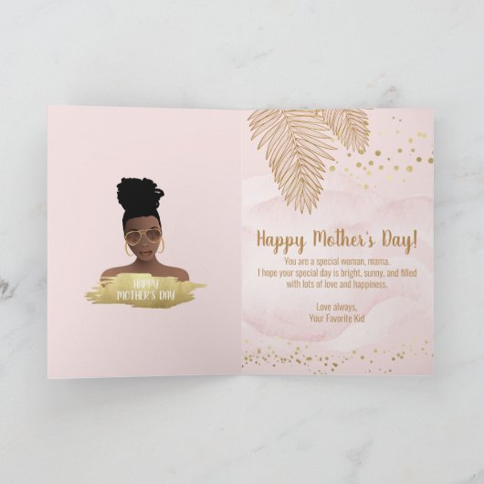 Moederdag Black Woman, Gold Tropical Leaf, Roze Kaart (Binnen)