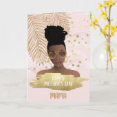 Moederdag Black Woman, Gold Tropical Leaf, Roze Kaart (Gele Bloem)