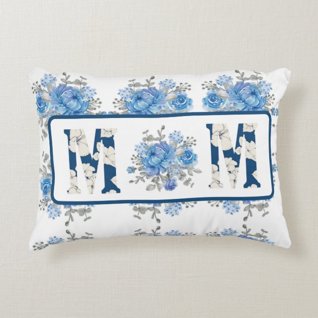 Moederdag Blauw Bloemen Mam Accent Kussen (Voorkant)