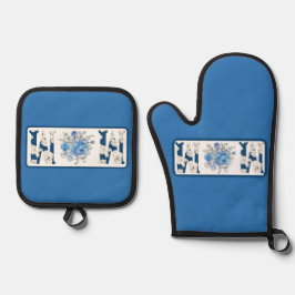 Moederdag Blauw Bloemen Mam Ovenwant & Pannenlap Set