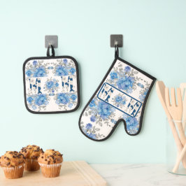 Moederdag Blauw Bloemen Mam Ovenwant & Pannenlap Set