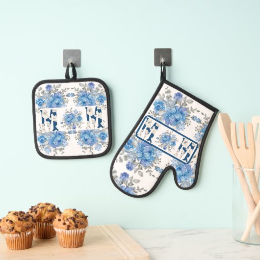 Moederdag Blauw Bloemen Mam Ovenwant & Pannenlap Set (Insitu(Ophanging))