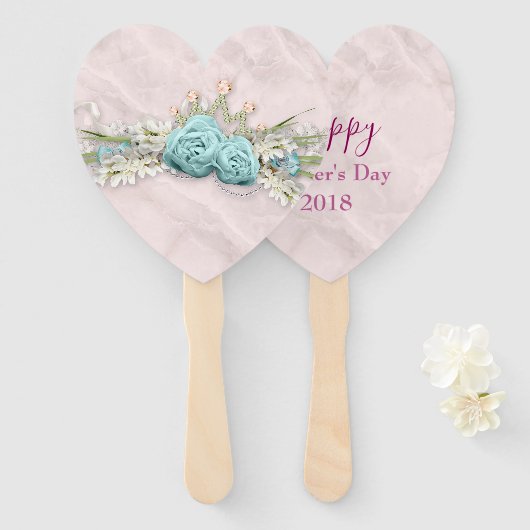 Moederdag Blauwe Rozen en Crown Floral Boeket Handwaaier (Voorkant en achterkant)