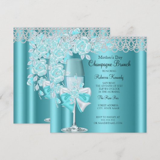 Moederdag  Blauwgroen Roos Champagne Brunch 2B Kaart (Voorkant / Achterkant)