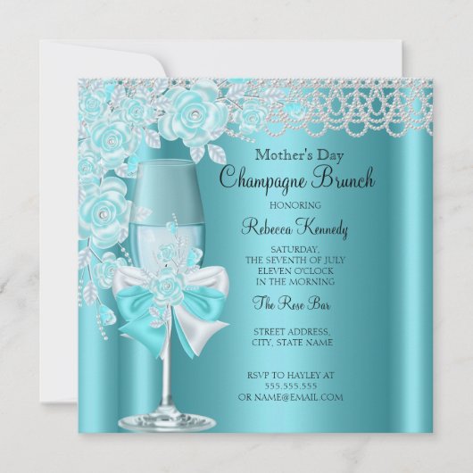 Moederdag  Blauwgroen Roos Champagne Brunch 2B Kaart (Voorkant)