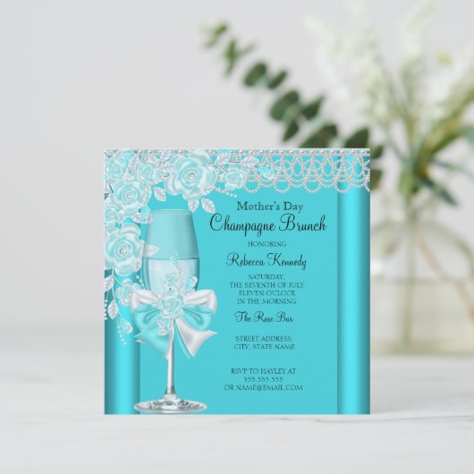 Moederdag  Blauwgroen Roos Champagne Brunch 2C Kaart (Staand voorkant)