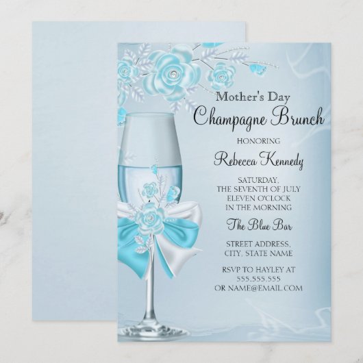 Moederdag Blauwgroen Roos Champagne Brunch Kaart (Voorkant / Achterkant)