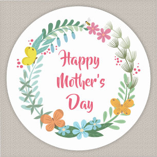 Moederdag bloem vlinder krans guirlande ronde sticker