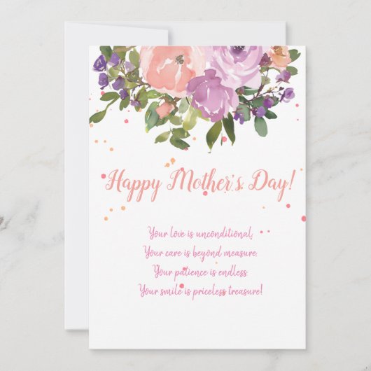 Moederdag bloemige waterverf roze boeket gedicht feestdagenkaart (Voorkant)