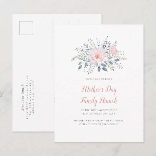 moederdag Blush Floral Invitation Uitnodiging Briefkaart (Voorkant / Achterkant)