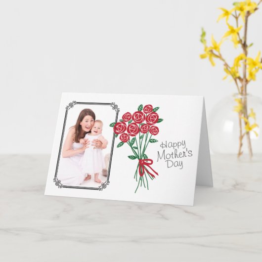 Moederdag Bouquet Red Roses Custom Photo Kaart (Gele Bloem)