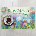 Moederdag Breakfast Kinder Names Waterverf Tulip Gelamineerde Placemat<br><div class="desc">Verrassend mam met ontbijt in bed, en poets het evenement met deze mooie Floral van de lente! Deze kleurrijke mat, die gepersonaliseerd is met de namen van haar kinderen, is oh zo vrolijk, bloeiend met waterverf tulpen in paars, geel en wit tegen een heldere blauwe hemel. De florale scène zonder...</div>