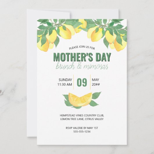 Moederdag Brunch Citrus Lemons Invitation Kaart (Voorkant)