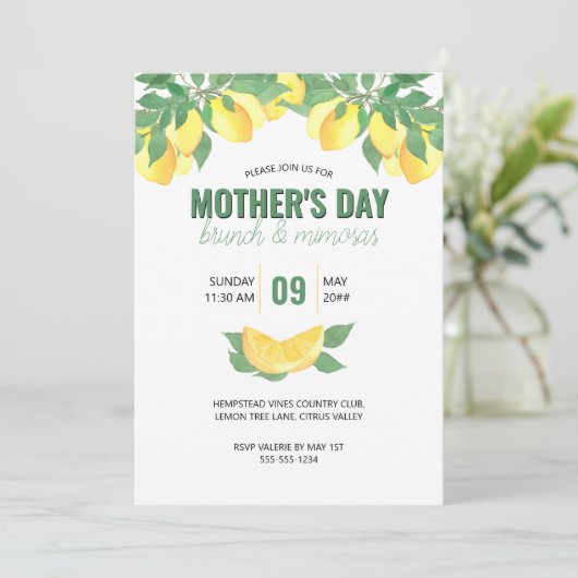 Moederdag Brunch Citrus Lemons Invitation Kaart (Staand voorkant)