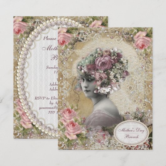 Moederdag Brunch Dame met Juwelen & Bloemen Kaart (Voorkant / Achterkant)