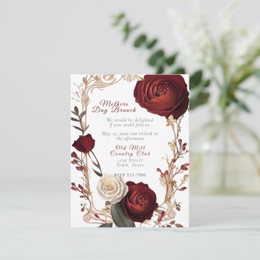 Moederdag Brunch Elegante Rode Witte Rozen Kaart (Staand voorkant)