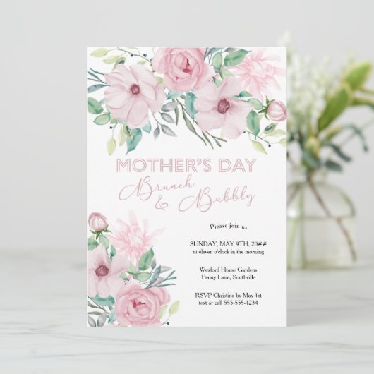 Moederdag Brunch en Bubbly Pink Peony Floral Kaart (Staand voorkant)