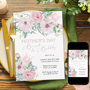 Moederdag Brunch en Bubbly Pink Peony Floral Kaart