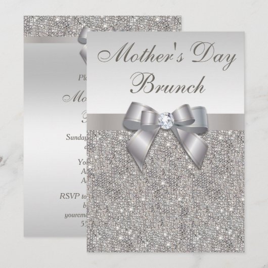 moederdag Brunch Faux Silver Jewels en Bow Kaart (Voorkant / Achterkant)