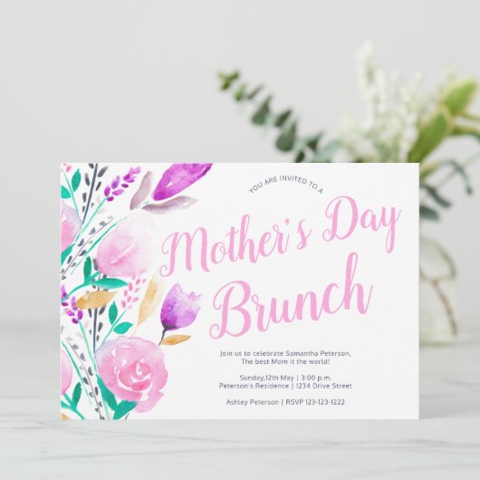 Moederdag brunch floral waterverf roze kaart (Staand voorkant)
