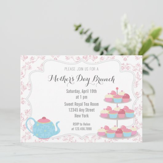 moederdag Brunch Invitation Floral Pink Kaart (Staand voorkant)
