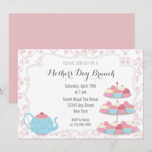 moederdag Brunch Invitation Floral Pink Kaart (Voorkant / Achterkant)