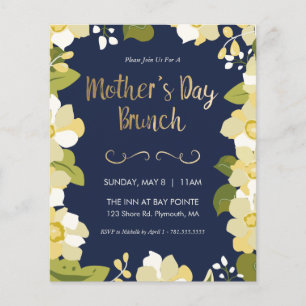 Moederdag Brunch Invitation, Floral w/Gold Inv Flyer