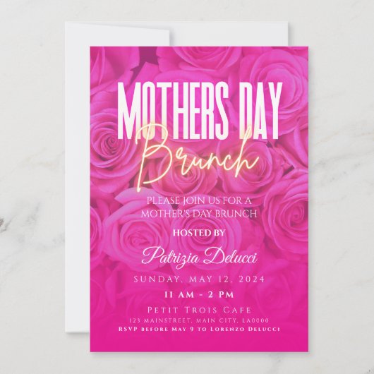 Moederdag Brunch Neon Roze Rose Uitnodiging (Voorkant)