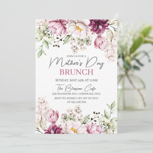 Moederdag Brunch Paarse Floral Waterverf Kaart (Staand voorkant)