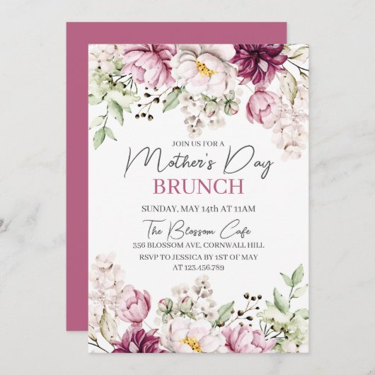 Moederdag Brunch Paarse Floral Waterverf Kaart (Voorkant / Achterkant)