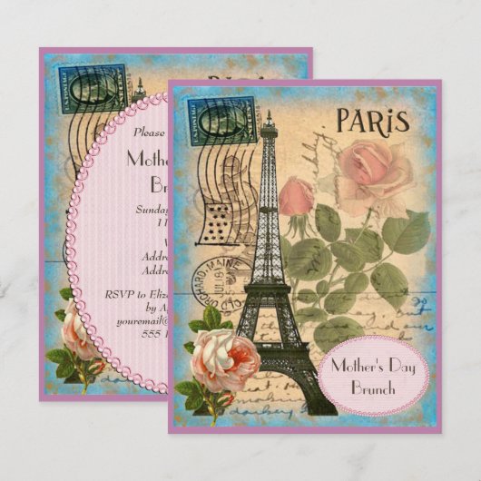 Moederdag Brunch Paris Eiffeltoren & Rozen Kaart (Voorkant / Achterkant)