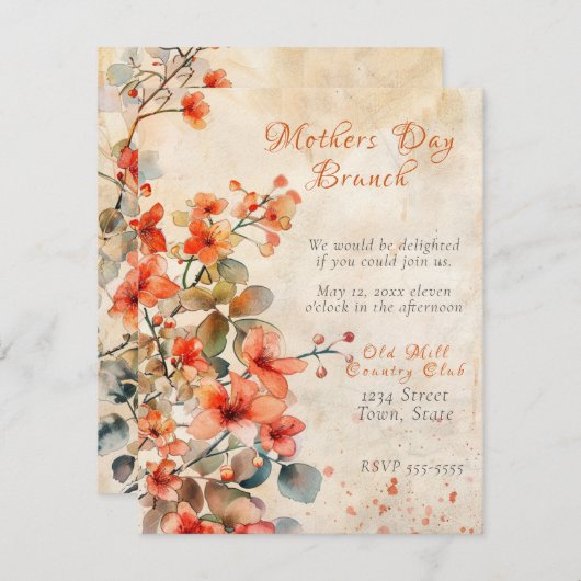 Moederdag Brunch Perzik Watercolor Bloemen Kaart (Voorkant / Achterkant)