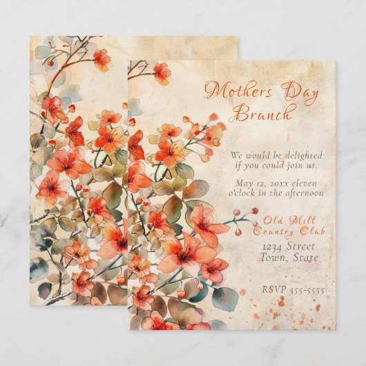 Moederdag Brunch Perzik Waterverf Bloemen Kaart (Voorkant / Achterkant)
