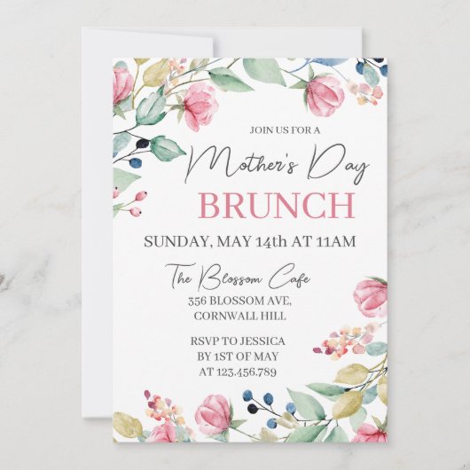 Moederdag Brunch Pink Floral Greenery Kaart (Voorkant)