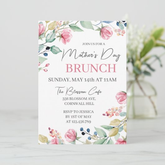 Moederdag Brunch Pink Floral Greenery Kaart (Staand voorkant)